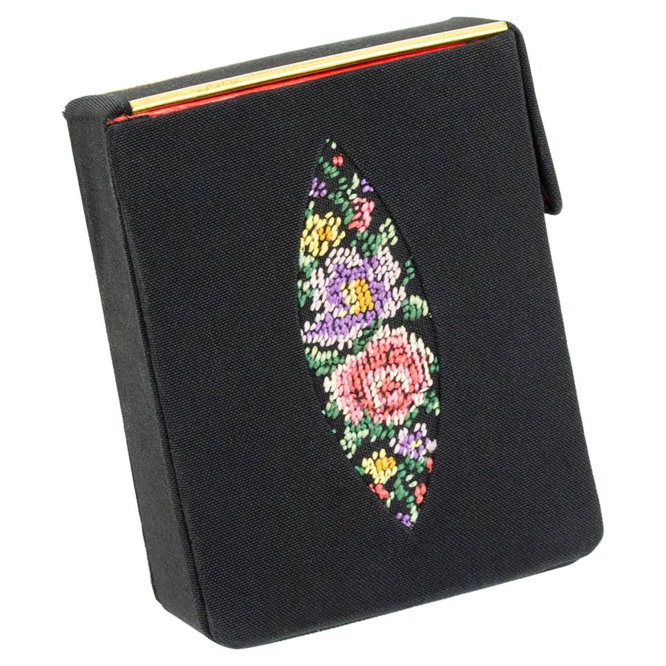 Black Faille Hard-Sided Cigarette Case with Needlepoint Marquis, 1950s