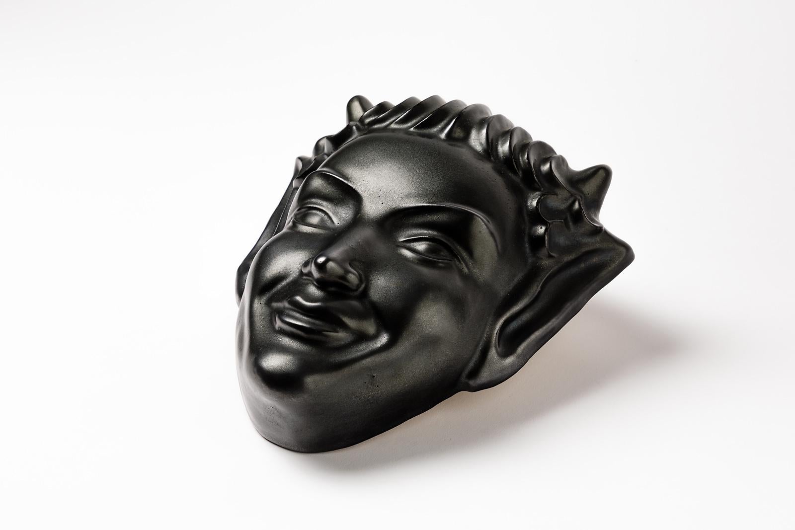 Mid-Century Modern Black Faun Wall Decorative Ceramic Mask circa 1950 French Midcentury For Sale