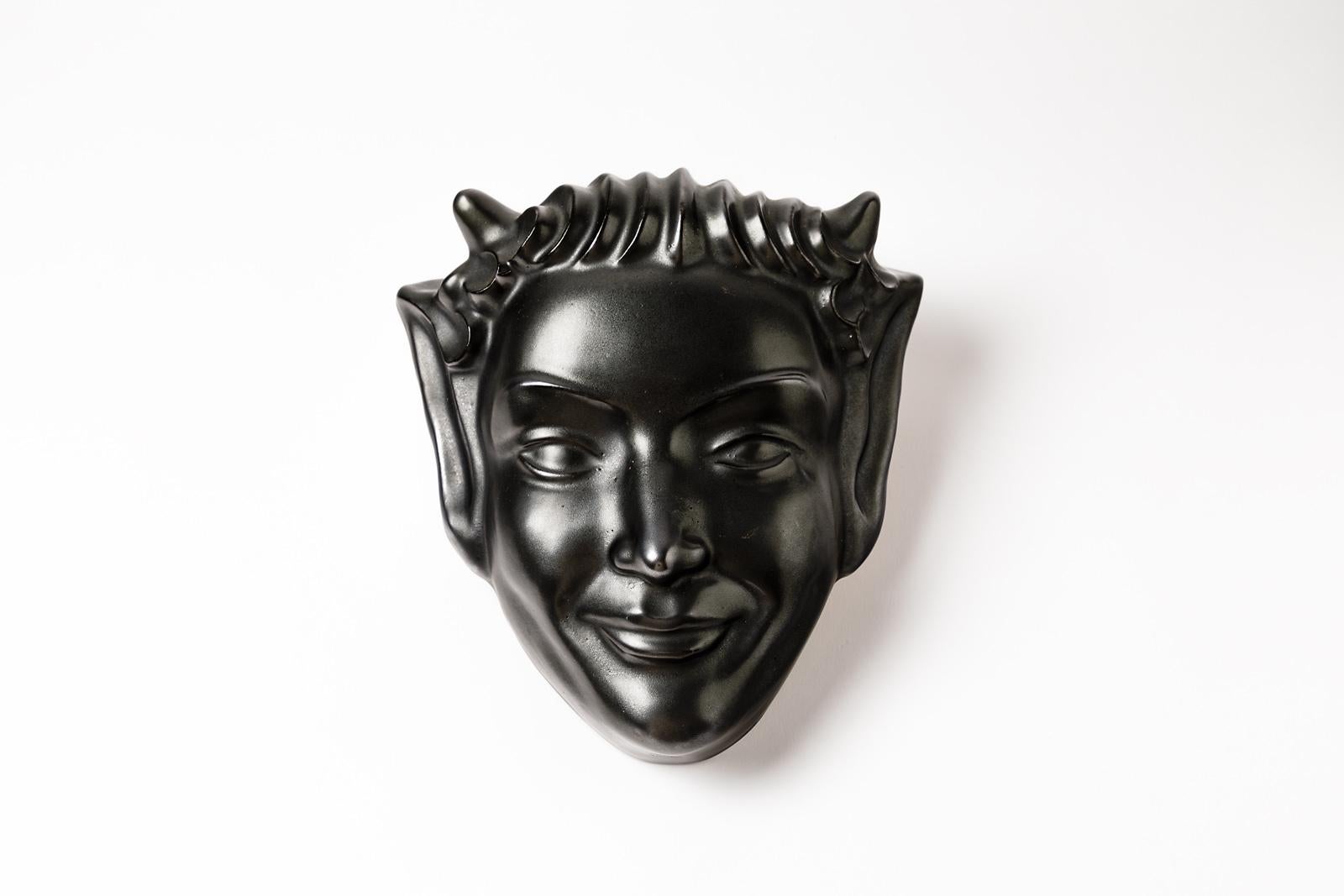Black Faun Wall Decorative Ceramic Mask circa 1950 French Midcentury For Sale 2