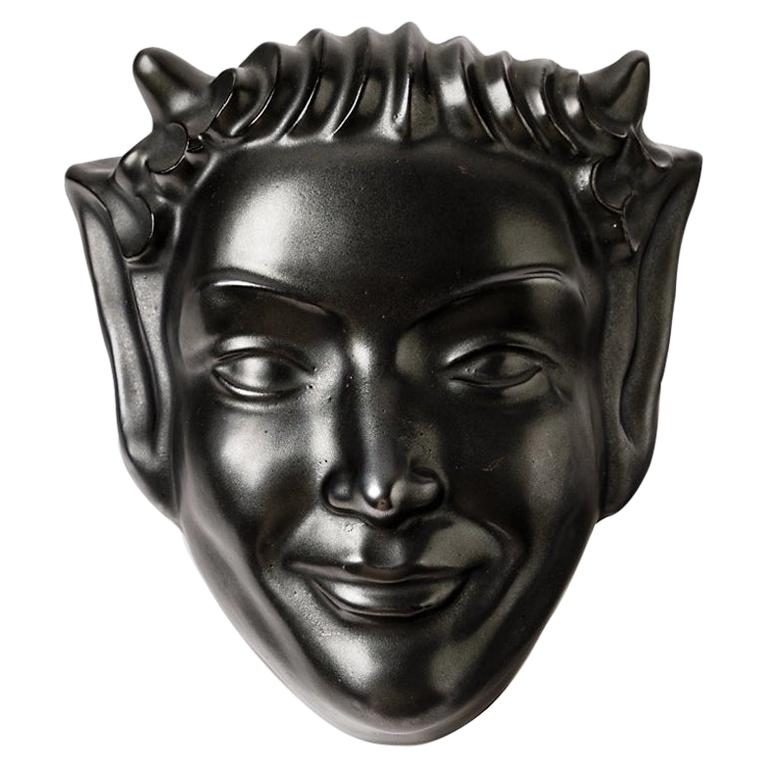 Black Faun Wall Decorative Ceramic Mask circa 1950 French Midcentury For Sale
