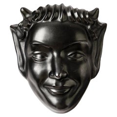 Black Faun Wall Decorative Ceramic Mask circa 1950 French Midcentury