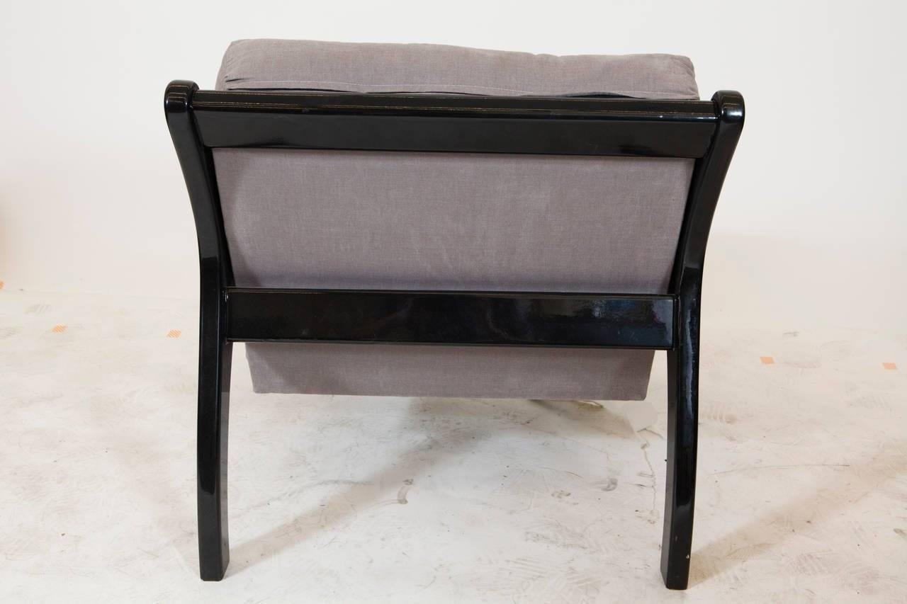 Mid-Century Modern Black Fauteuils, Lacquer with Contemporary Grey Fabric For Sale