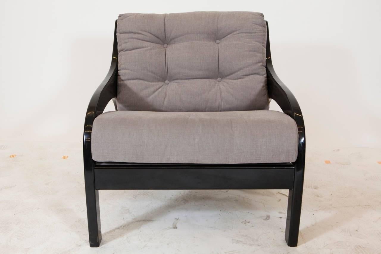 French Black Fauteuils, Lacquer with Contemporary Grey Fabric For Sale