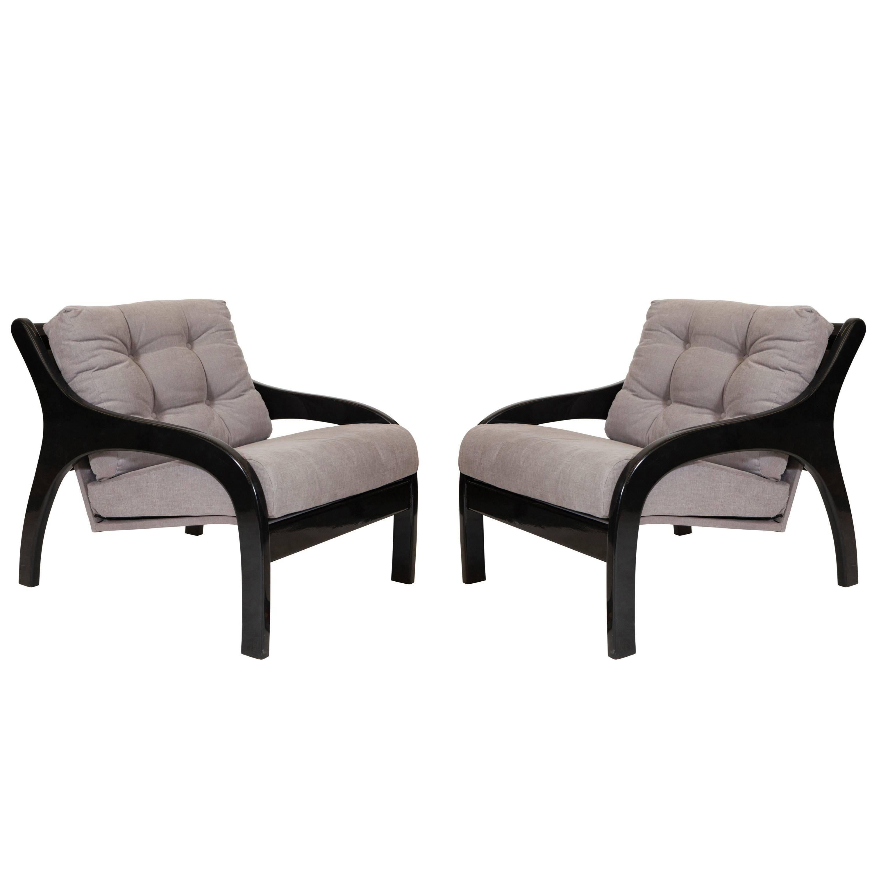 Black Fauteuils, Lacquer with Contemporary Grey Fabric For Sale