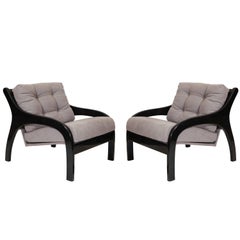 Vintage Black Fauteuils, Lacquer with Contemporary Grey Fabric