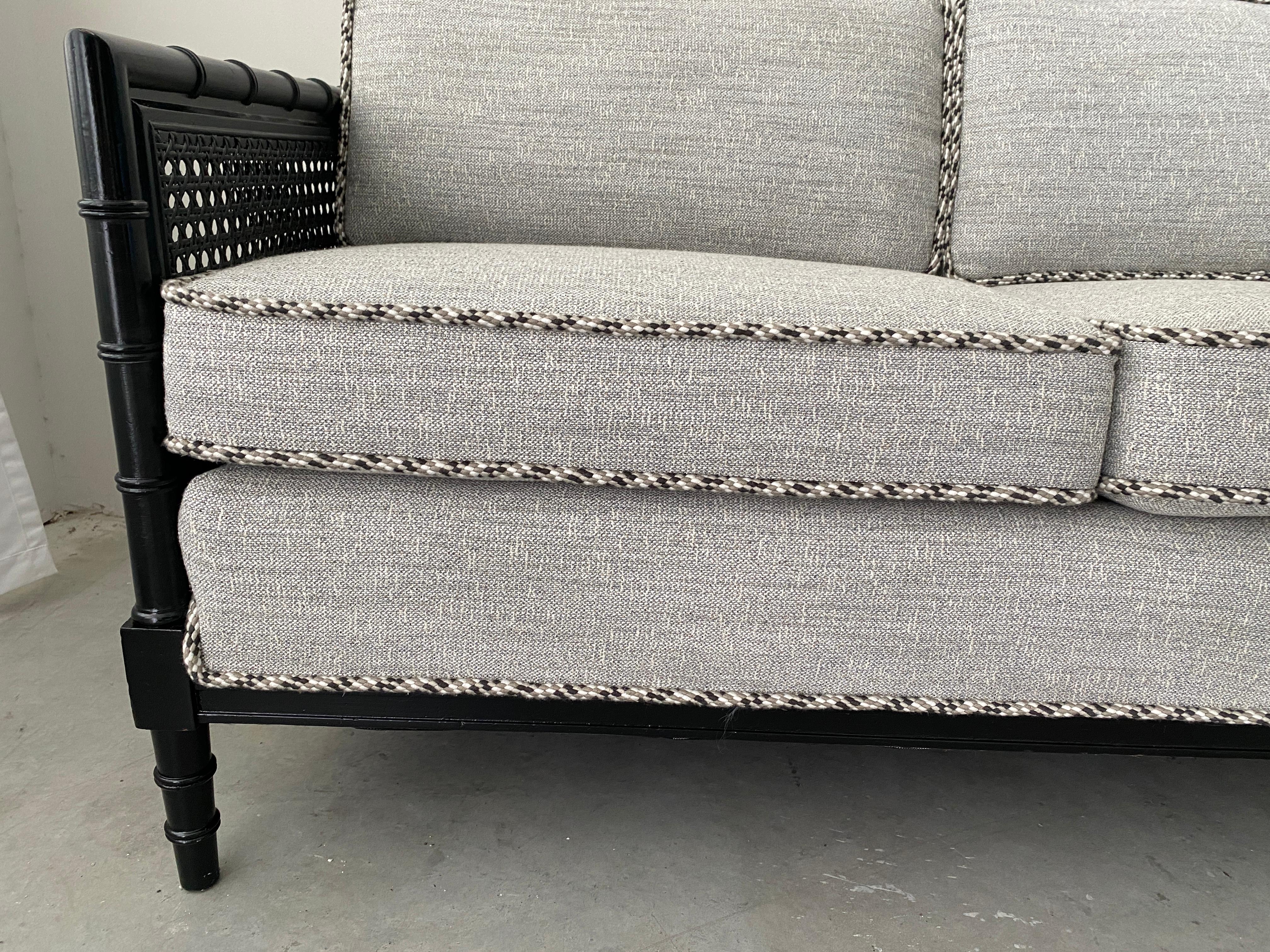 Black Faux Bamboo Settee in Scalamandré Black, White, & Gray Tweed Fabric, 1970s For Sale 5