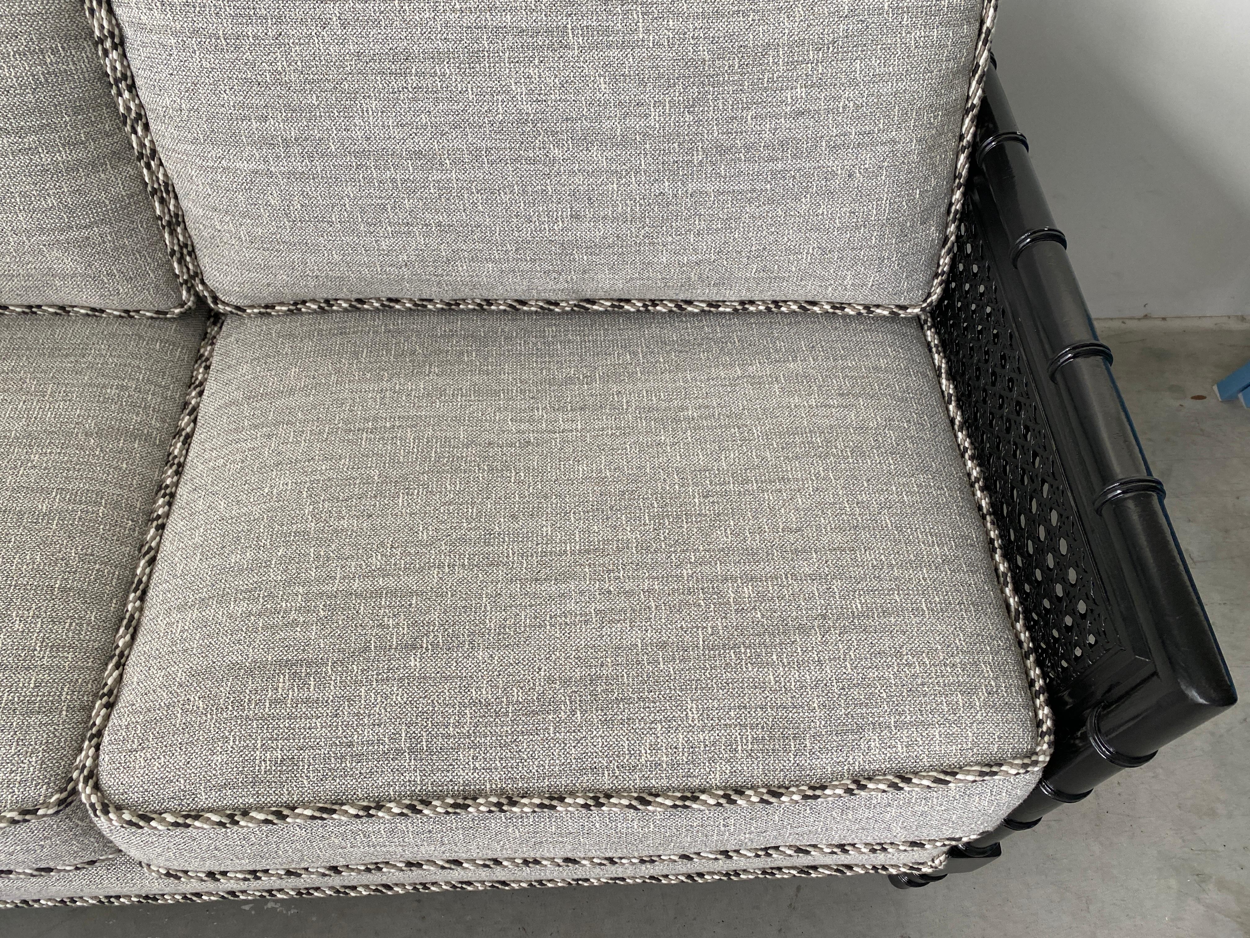 Black Faux Bamboo Settee in Scalamandré Black, White, & Gray Tweed Fabric, 1970s For Sale 7