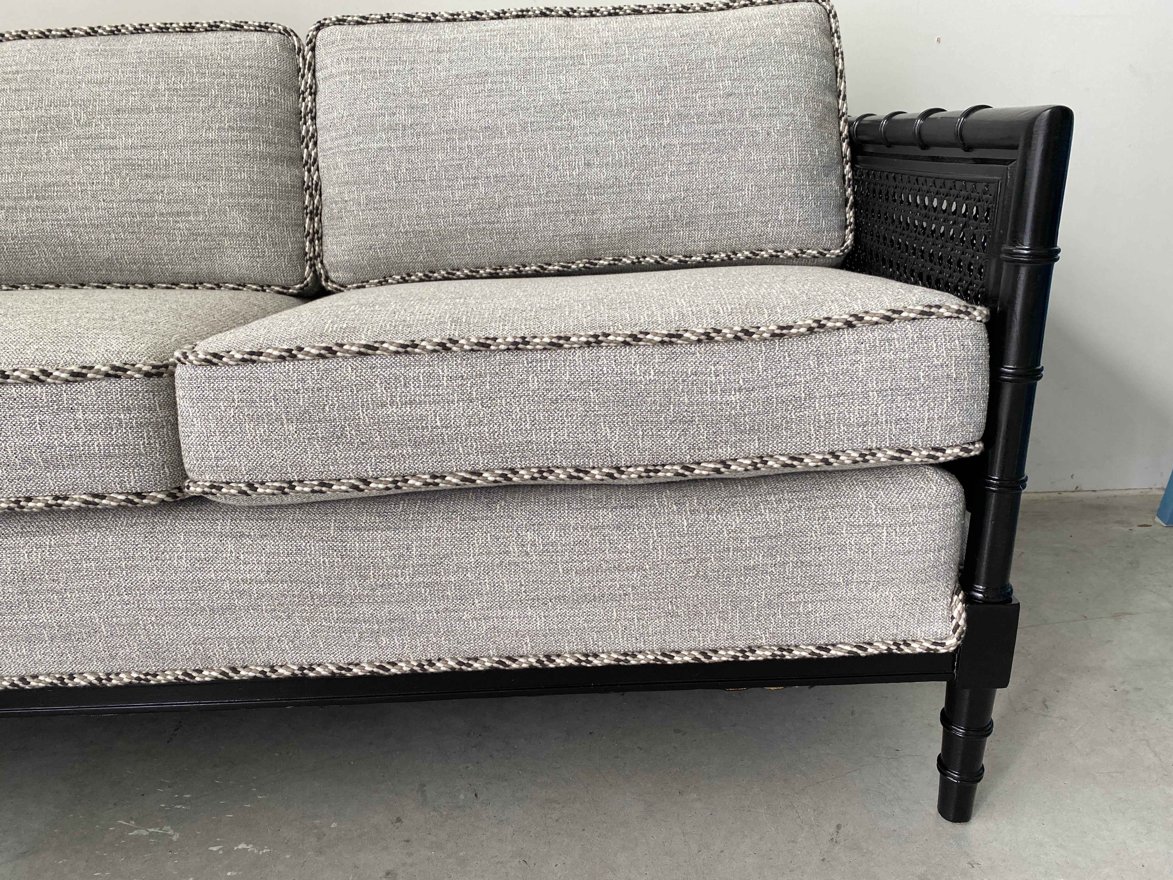 Black Faux Bamboo Settee in Scalamandré Black, White, & Gray Tweed Fabric, 1970s For Sale 8