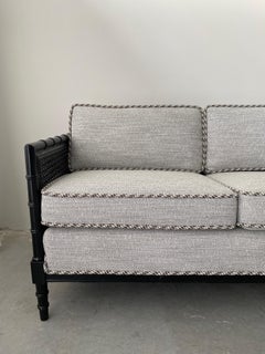 Black Faux Bamboo Settee in Scalamandré Black, White, & Gray Tweed Fabric, 1970s