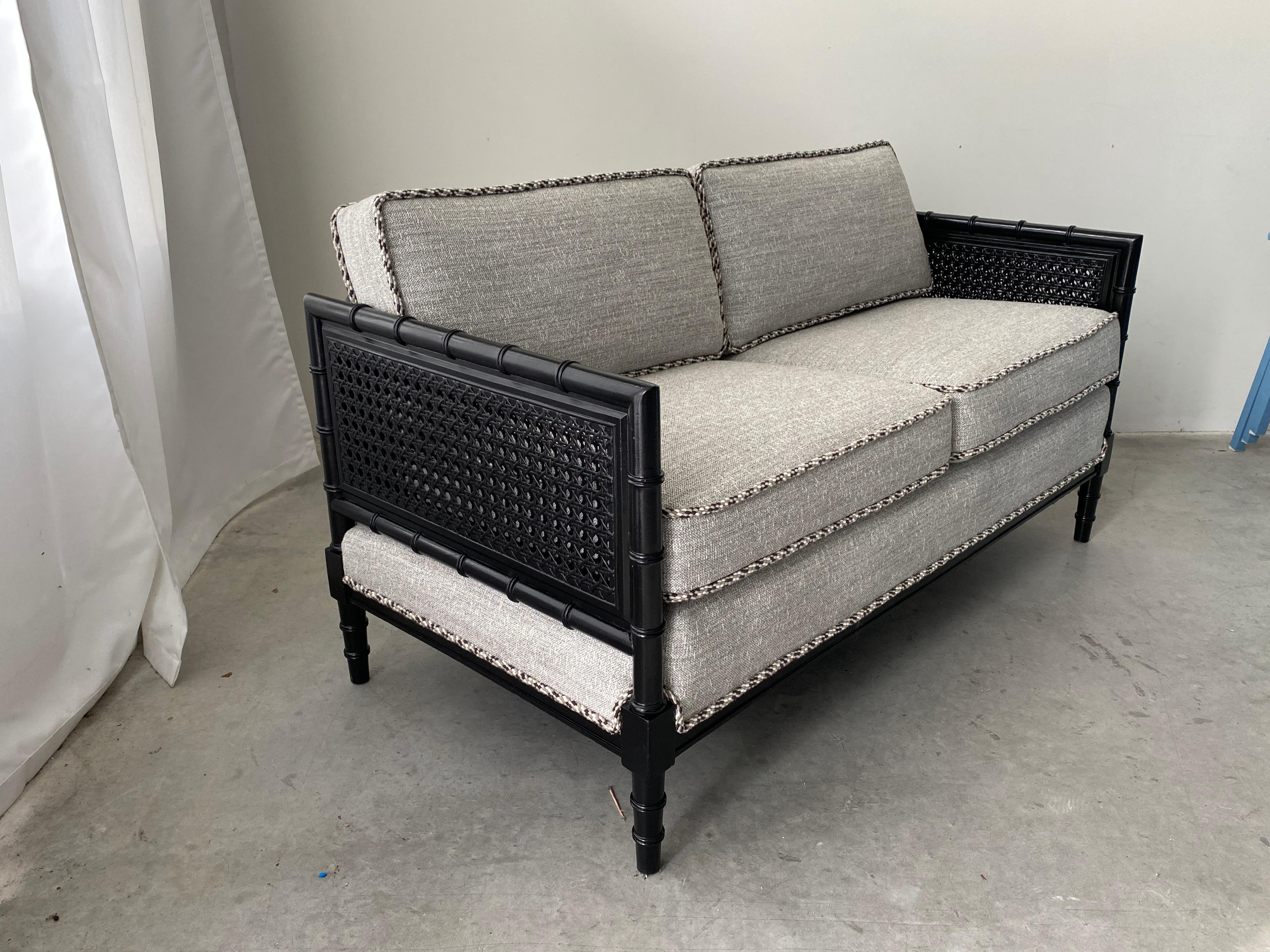 Modern Black Faux Bamboo Settee in Scalamandré Black, White, & Gray Tweed Fabric, 1970s For Sale