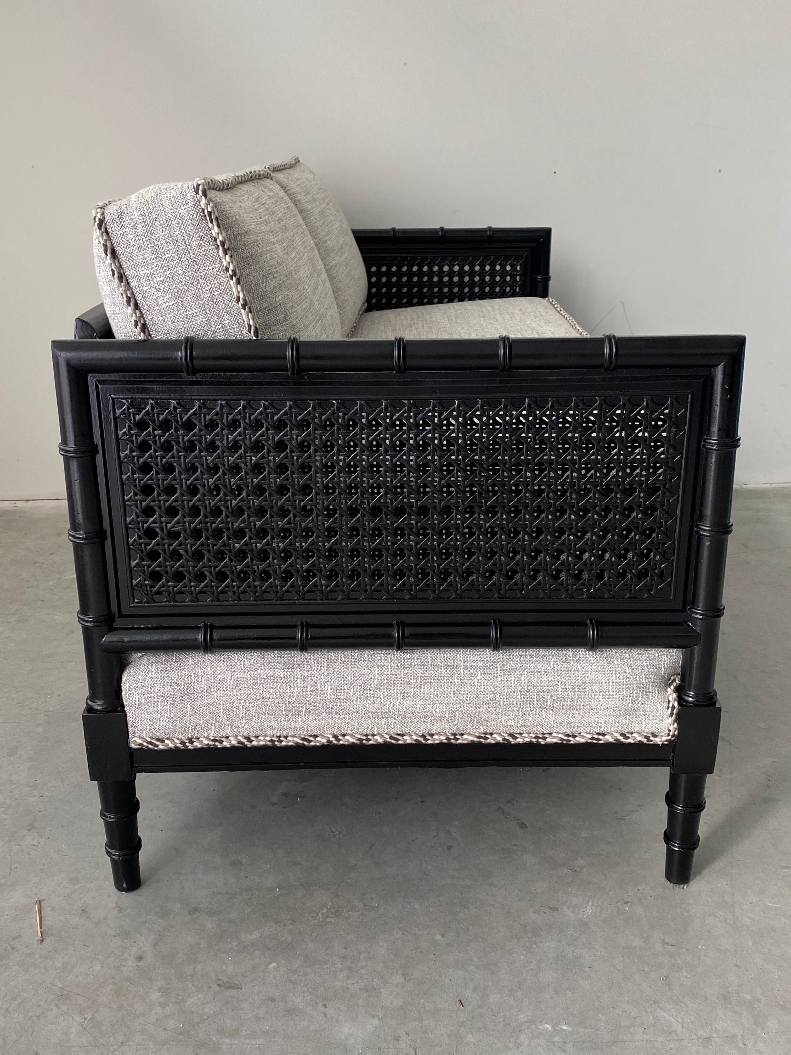 Painted Black Faux Bamboo Settee in Scalamandré Black, White, & Gray Tweed Fabric, 1970s For Sale