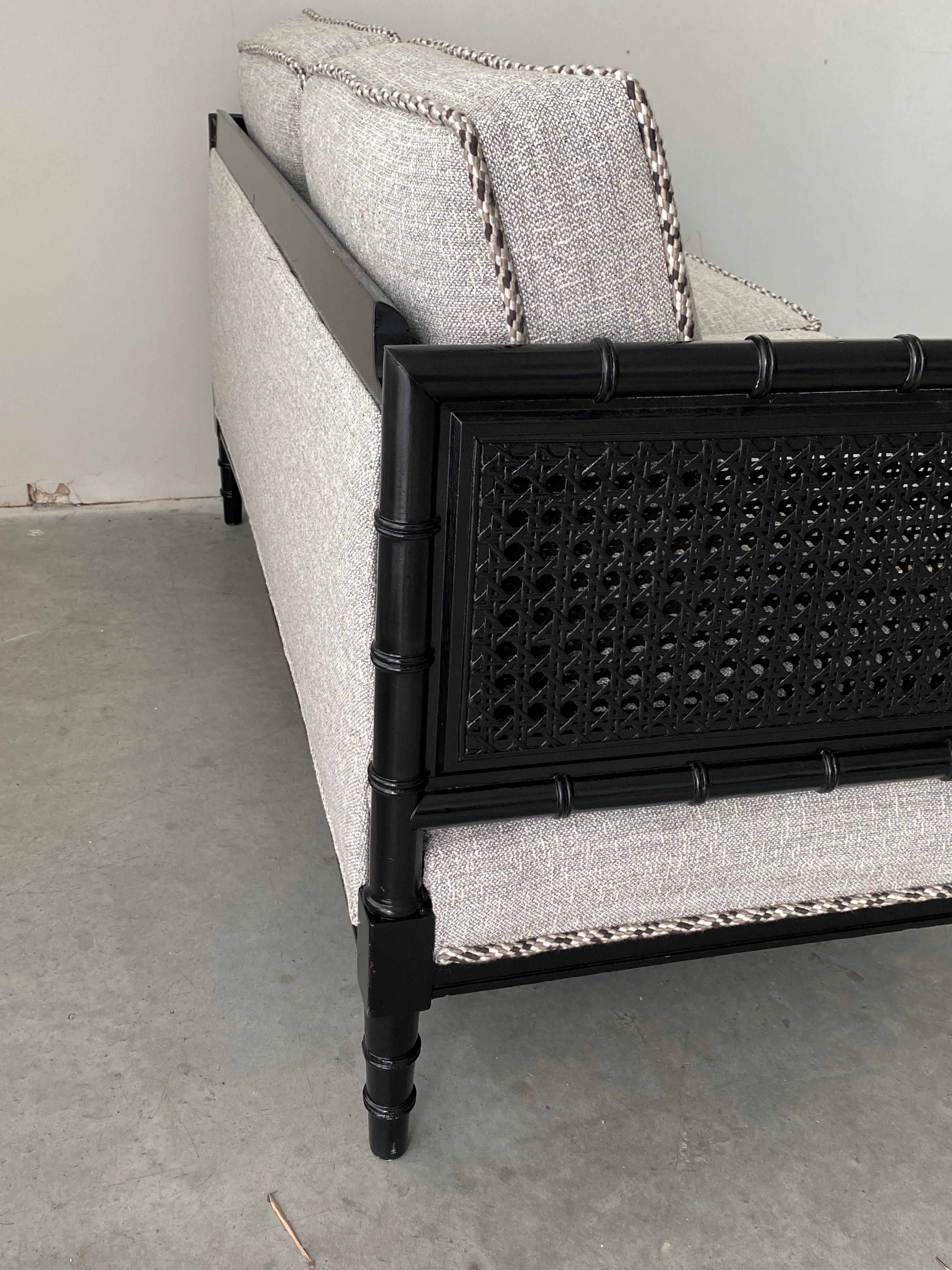 Black Faux Bamboo Settee in Scalamandré Black, White, & Gray Tweed Fabric, 1970s For Sale 1