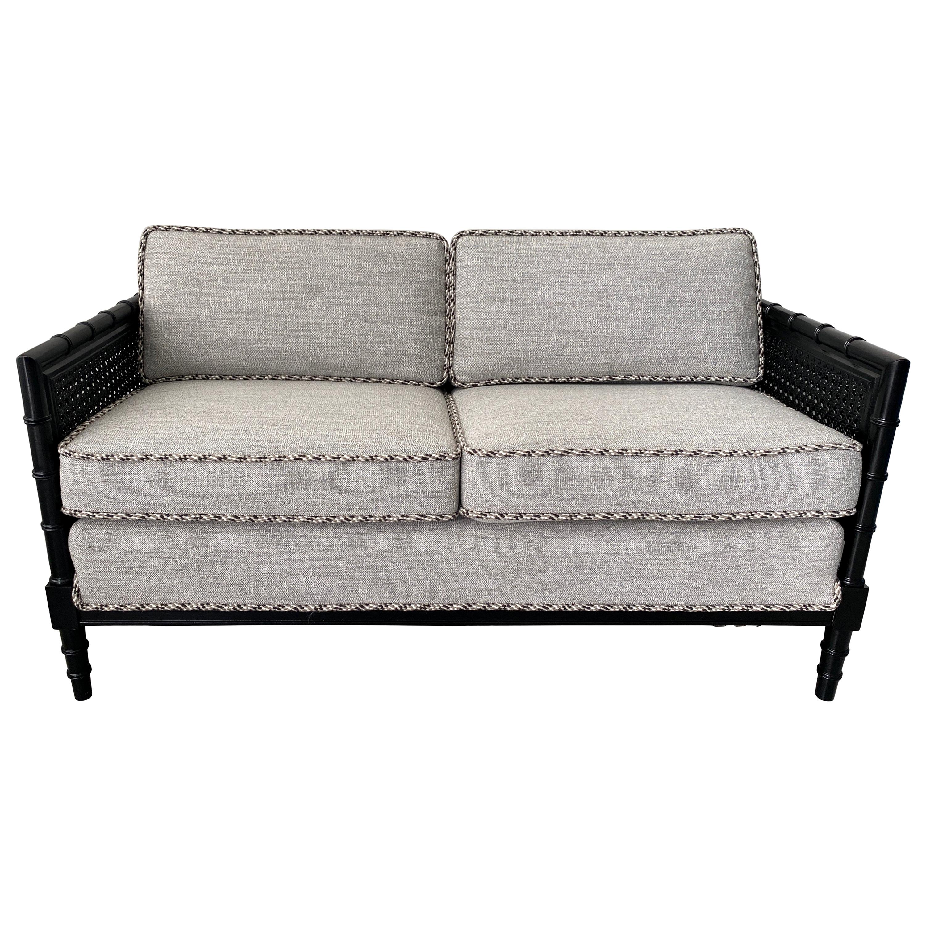 Black Faux Bamboo Settee in Scalamandré Black, White, & Gray Tweed Fabric, 1970s For Sale