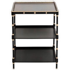 Black Faux Bamboo Three-Tier Painted Table with Brass Gallery Edge Black Faux Bamboo Three-Tier Painted Table with Brass Gallery Edge