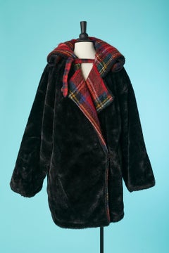 Black faux fur coat with tartan blanket lining JC de Castelbajac Ko and Co