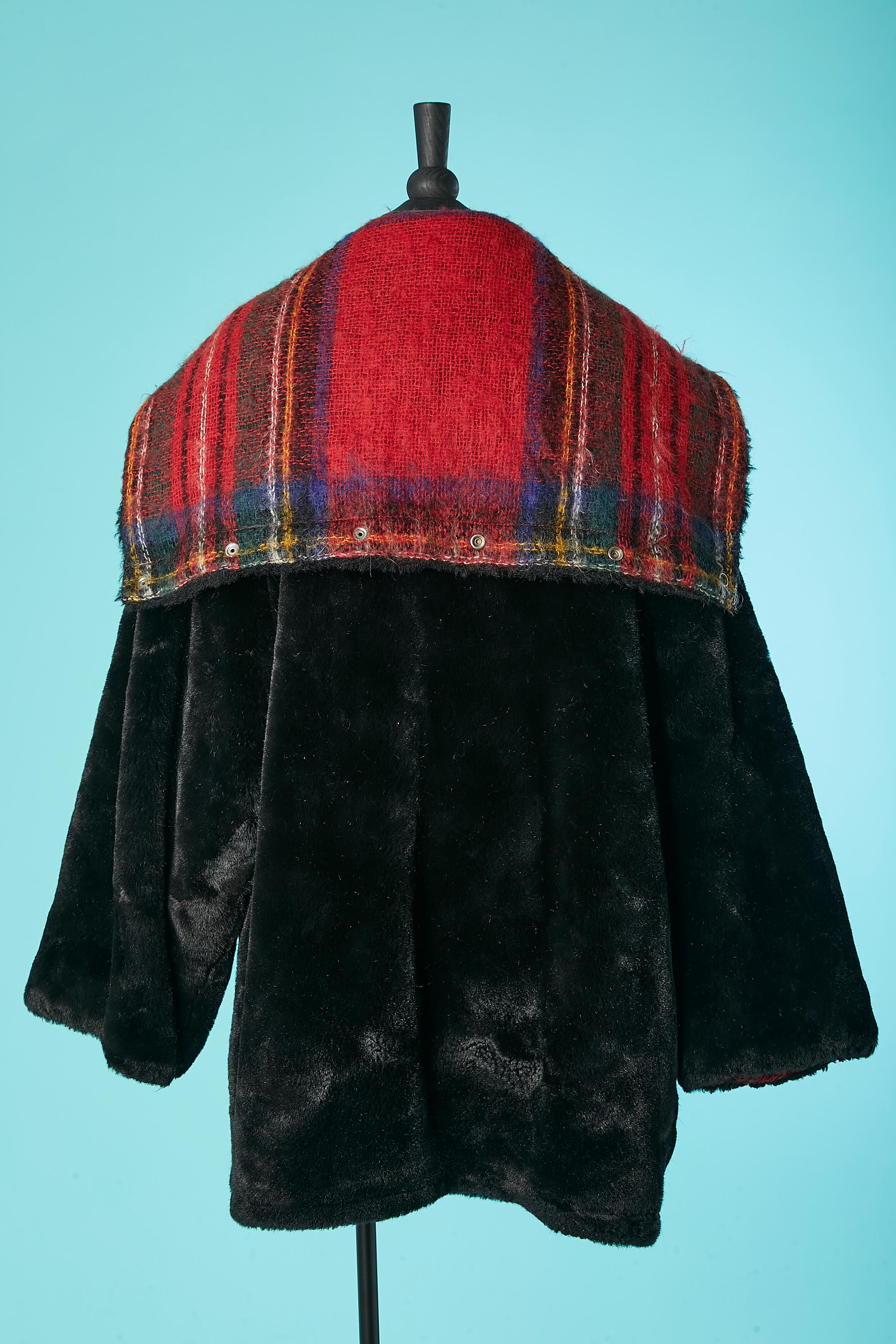 Black faux fur coat with tartan blanket lining JC de Castelbajac Ko and Co  2