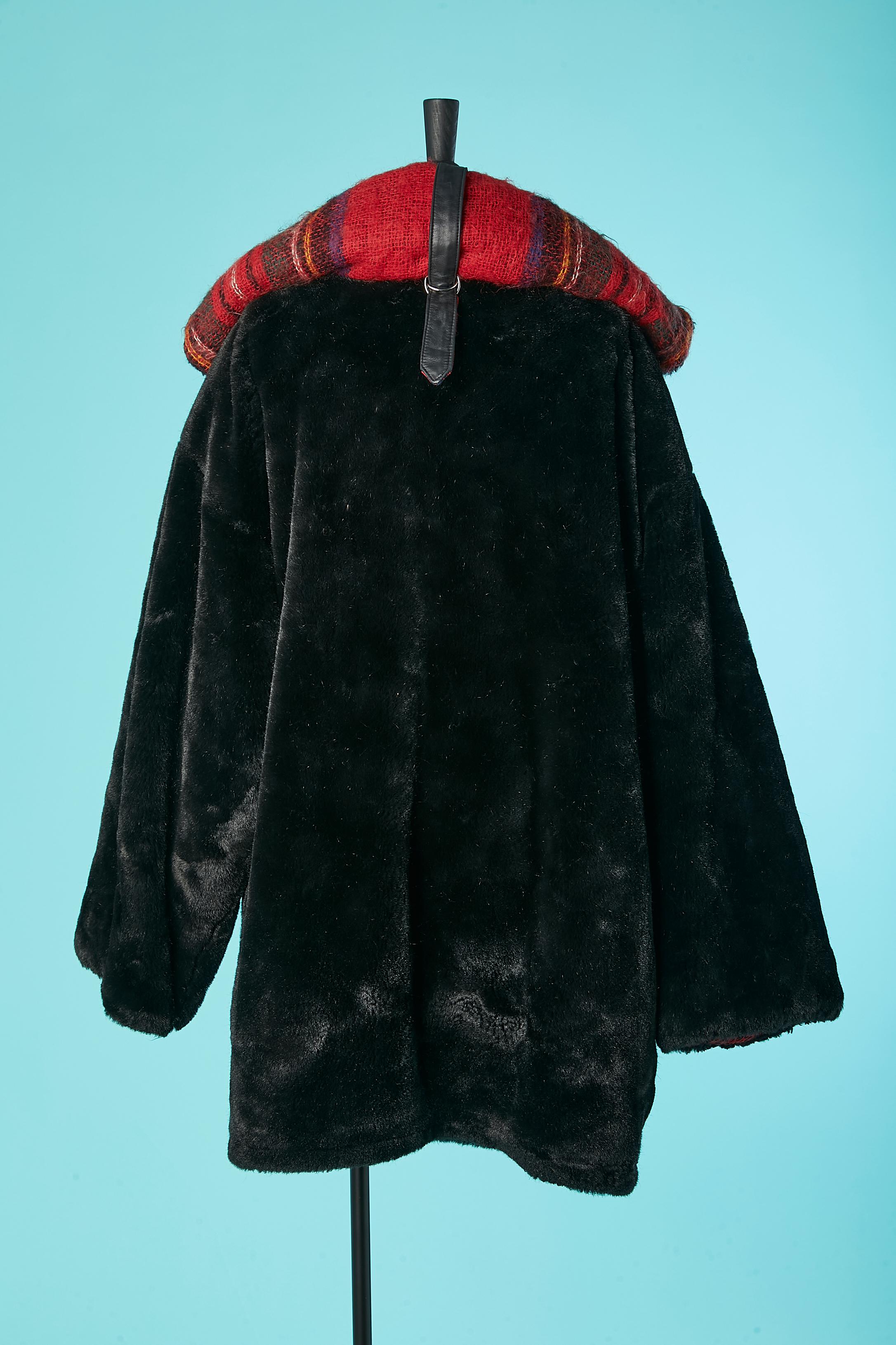 Black faux fur coat with tartan blanket lining JC de Castelbajac Ko and Co  3