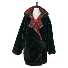 Black faux fur coat with tartan blanket lining JC de Castelbajac Ko and Co 
