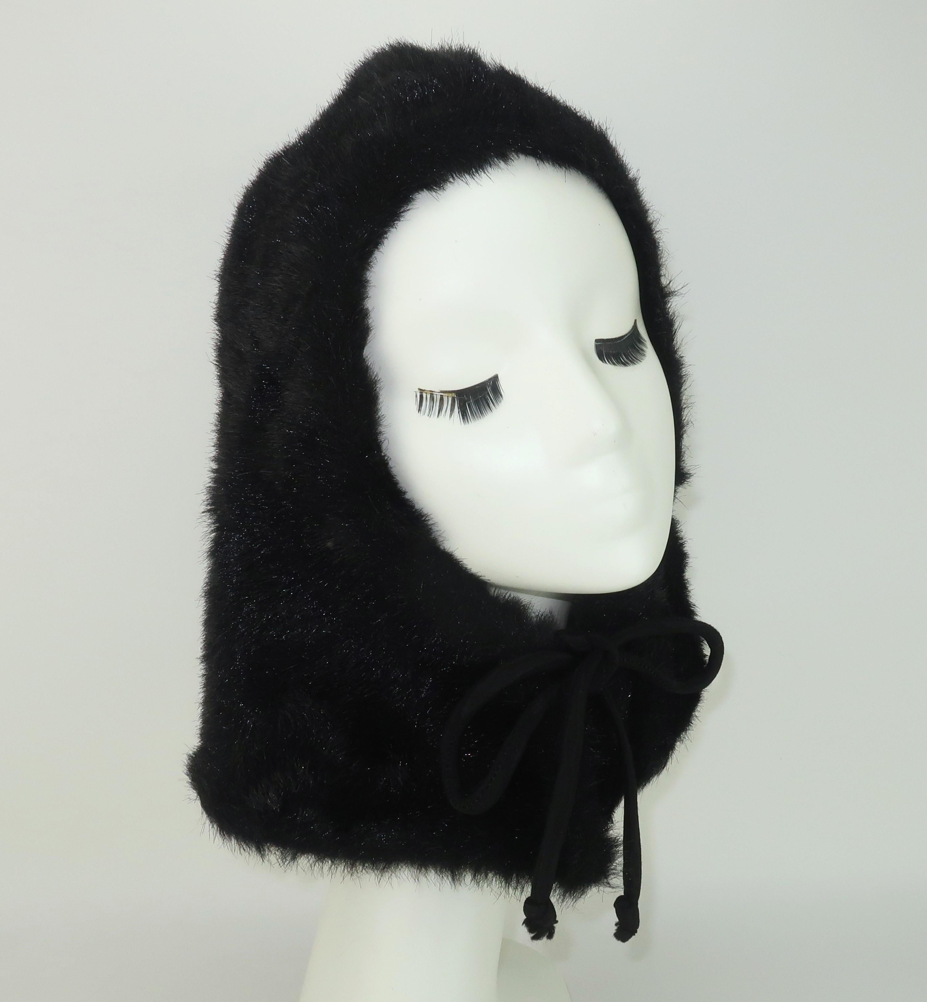 Black Faux Fur Hood Hat, 1960's For Sale 6