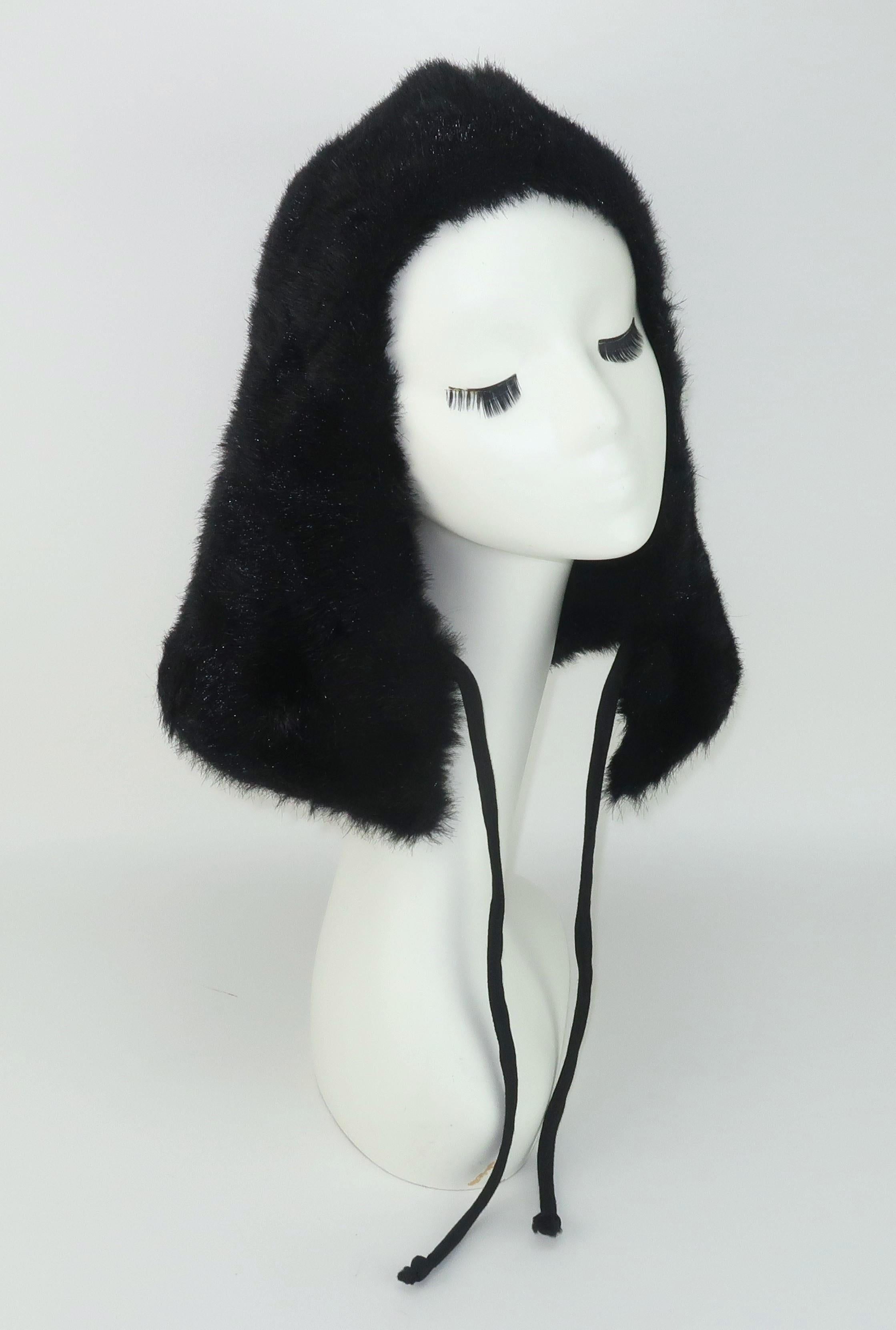 Black Faux Fur Hood Hat, 1960's For Sale 7