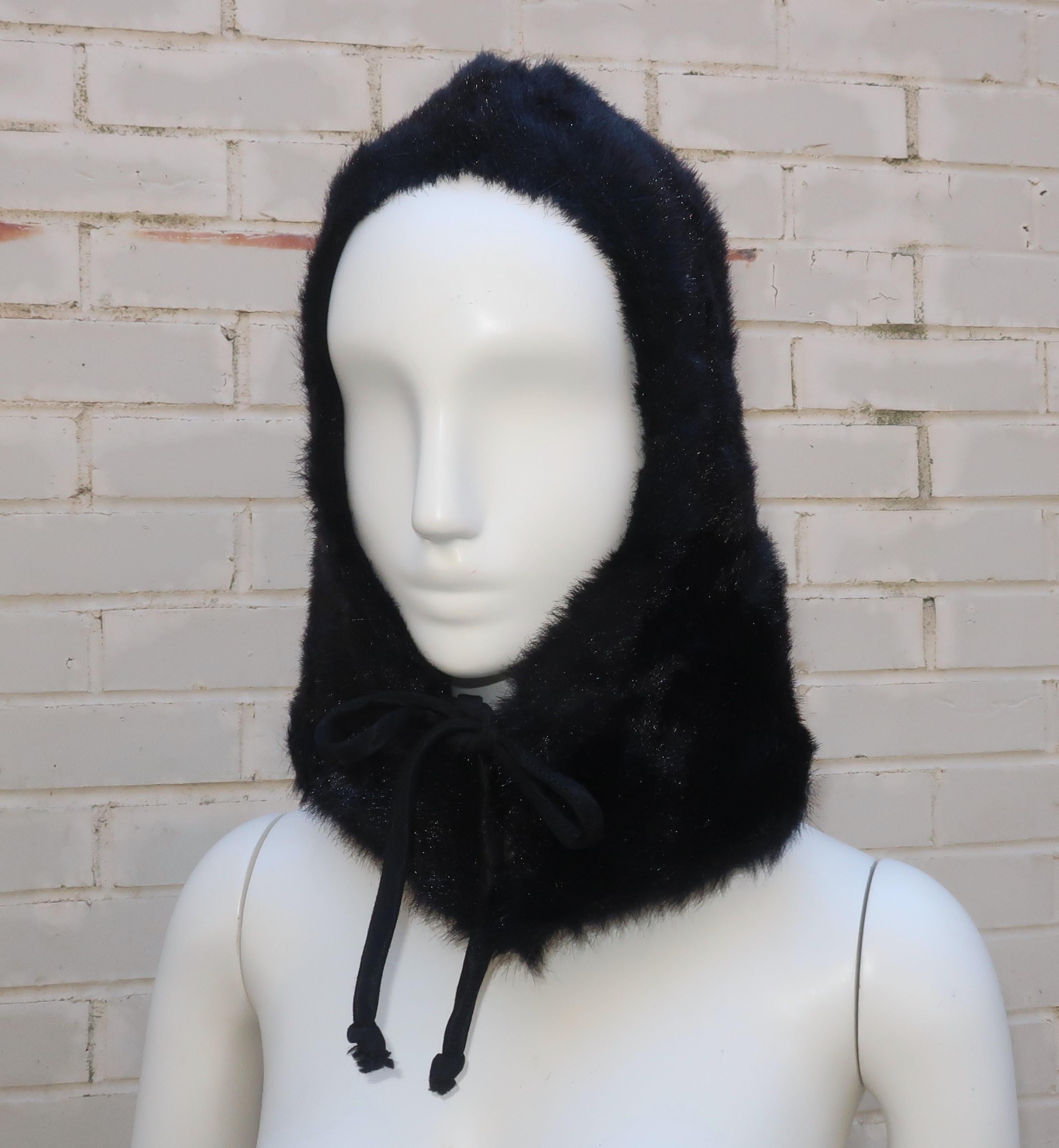 Black Faux Fur Hood Hat, 1960's In Good Condition For Sale In Atlanta, GA