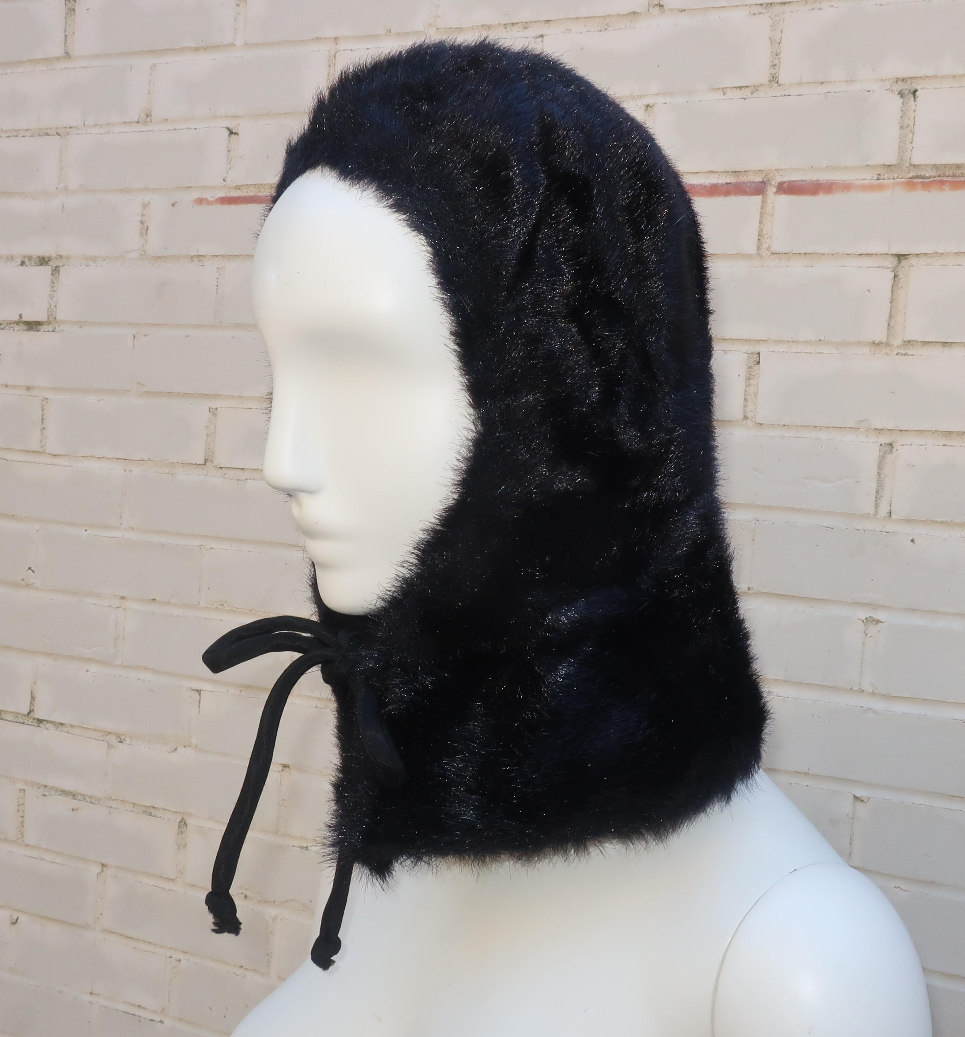 Women's Black Faux Fur Hood Hat, 1960's For Sale
