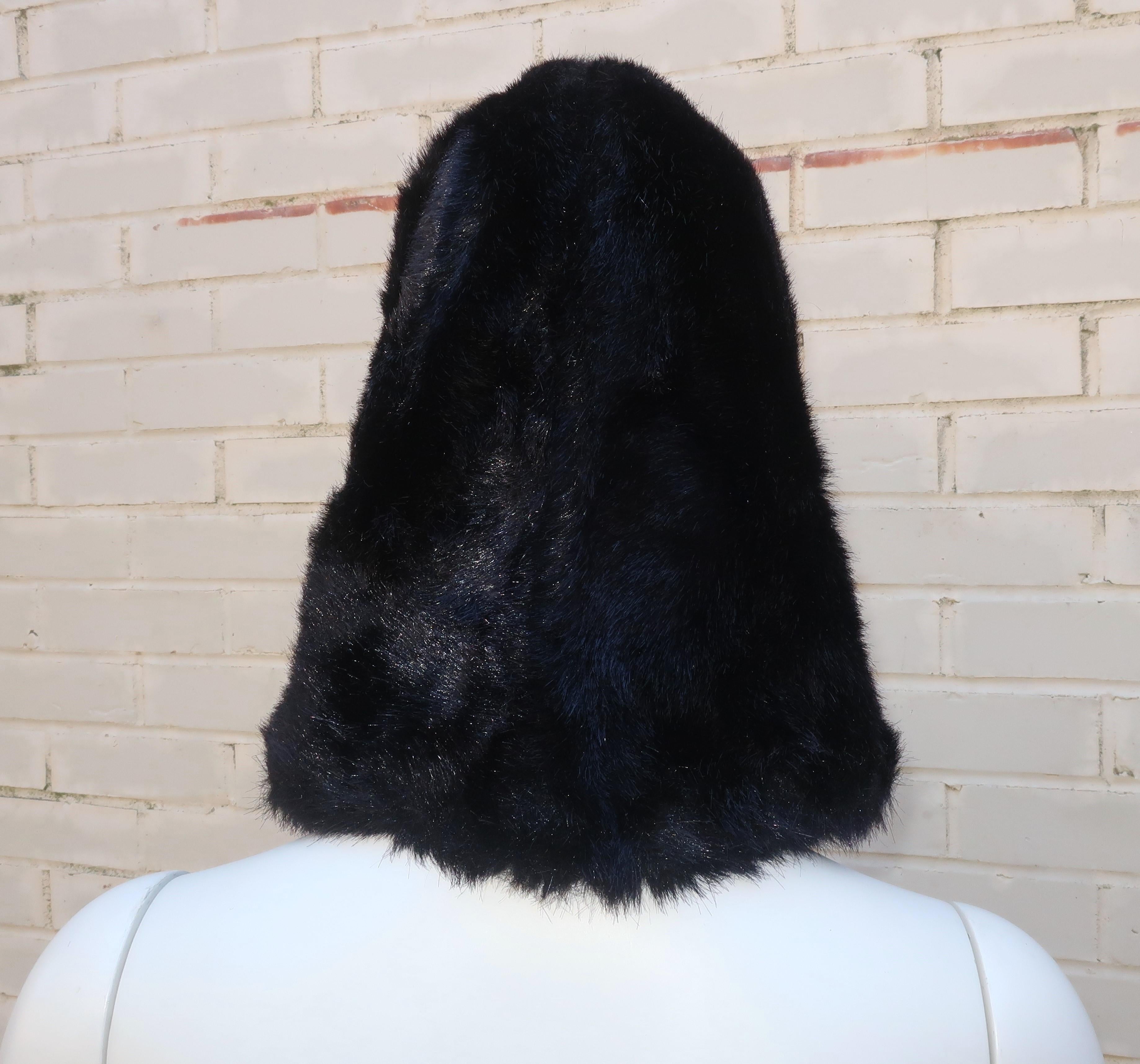 Black Faux Fur Hood Hat, 1960's For Sale 1