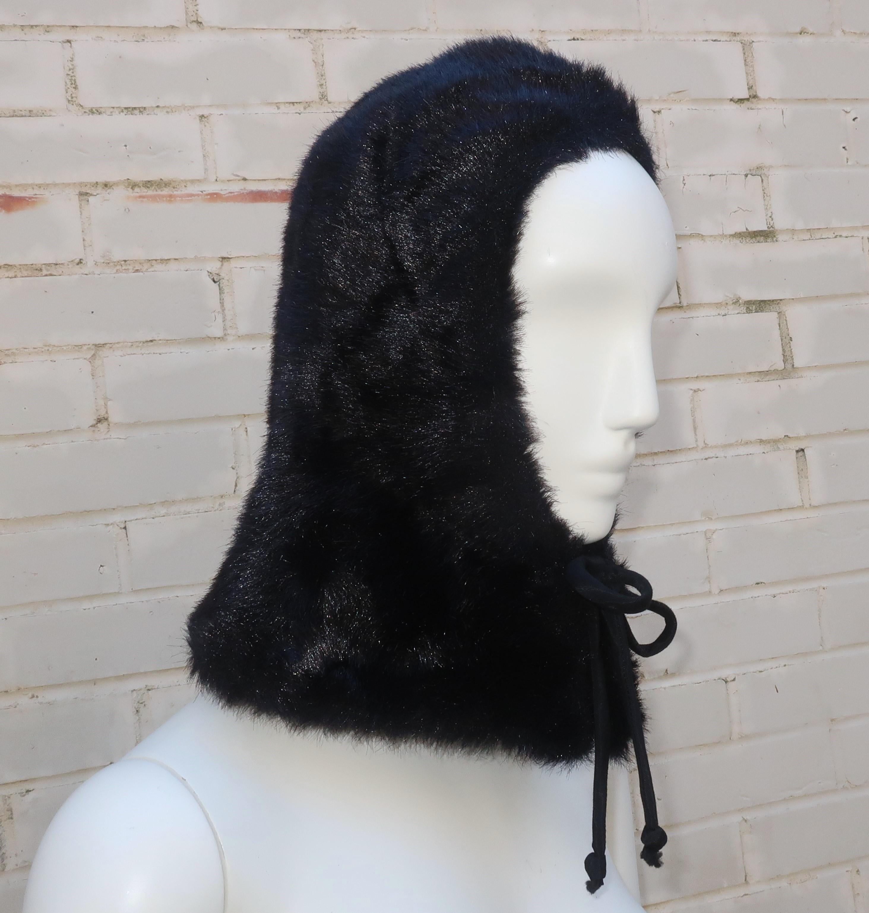 Black Faux Fur Hood Hat, 1960's For Sale 2