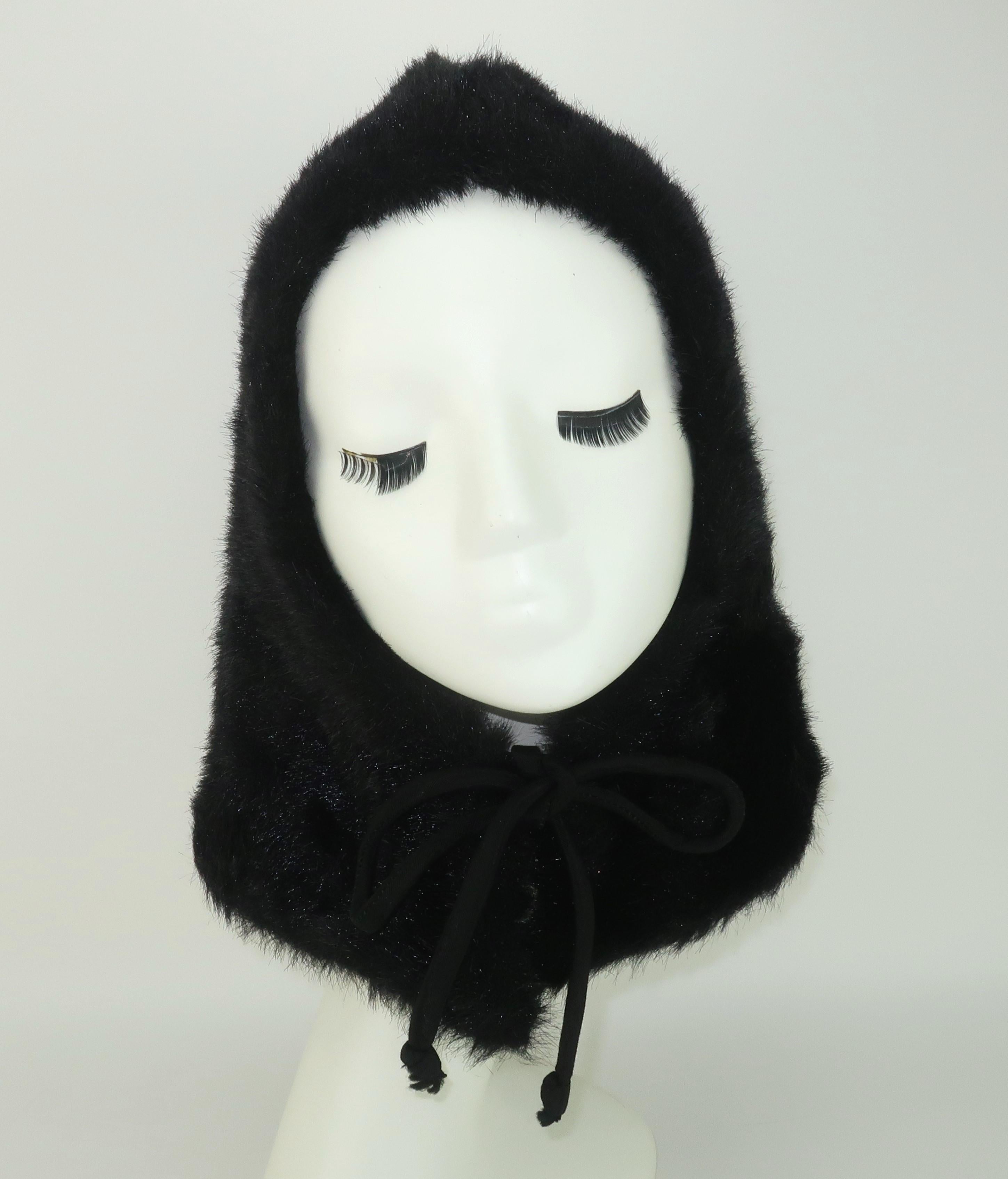 Black Faux Fur Hood Hat, 1960's For Sale 5