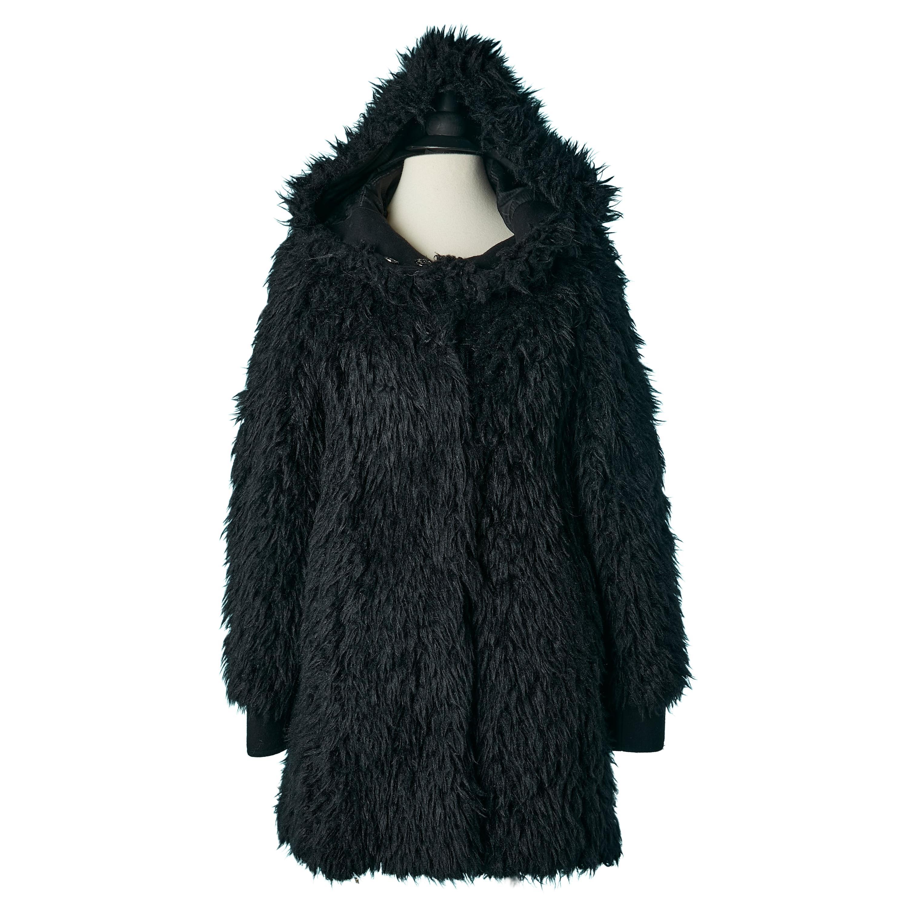Black faux furs coat with hood Galliano For Sale