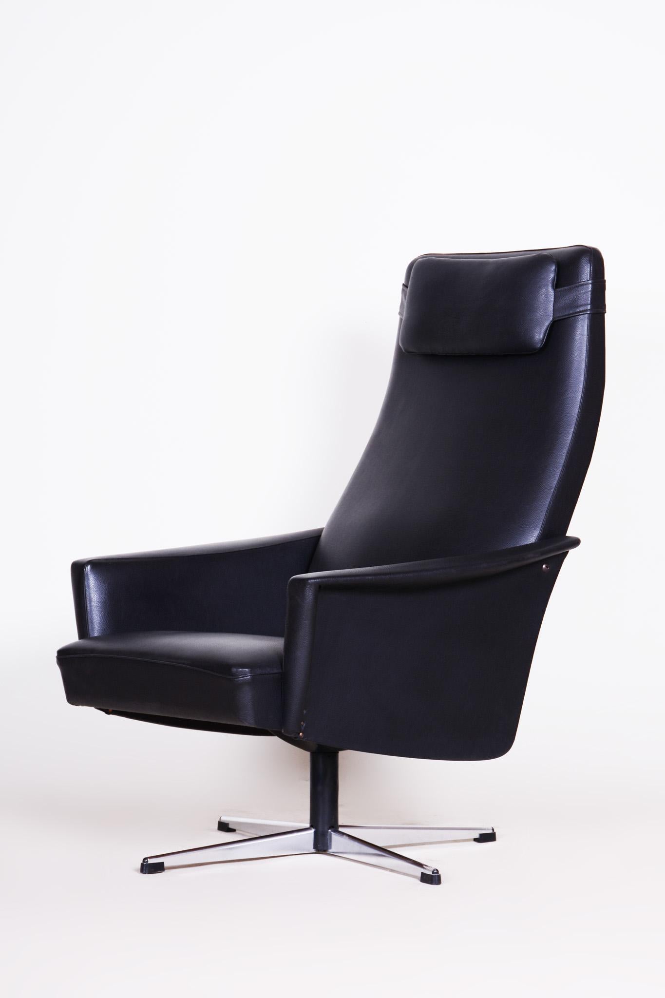 Mid-Century Modern Black Faux Leather Armchair, 1960s, Original Well Preserved Condition, Czechia For Sale