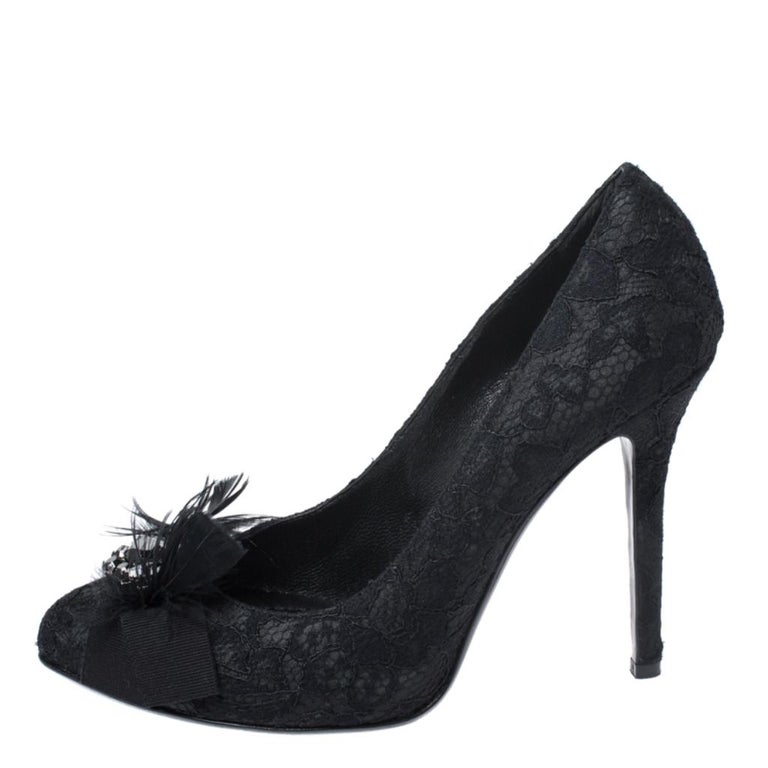 Black Feather and Crystal Embellished Lace and Satin Pumps Size 38.5 at ...