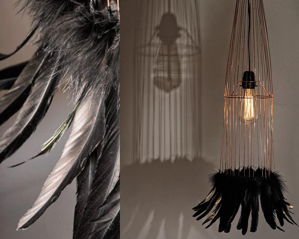 Contemporary Black Feathers and Metal Pendant, France For Sale