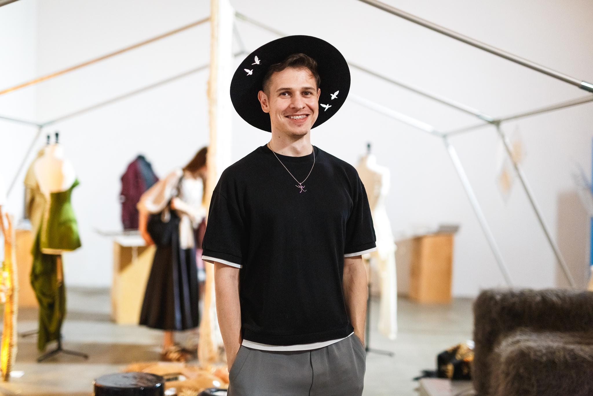 Women's or Men's Black Felt Brim Hat with Flying Bird Shadow Minimalistic Contemporary Design For Sale