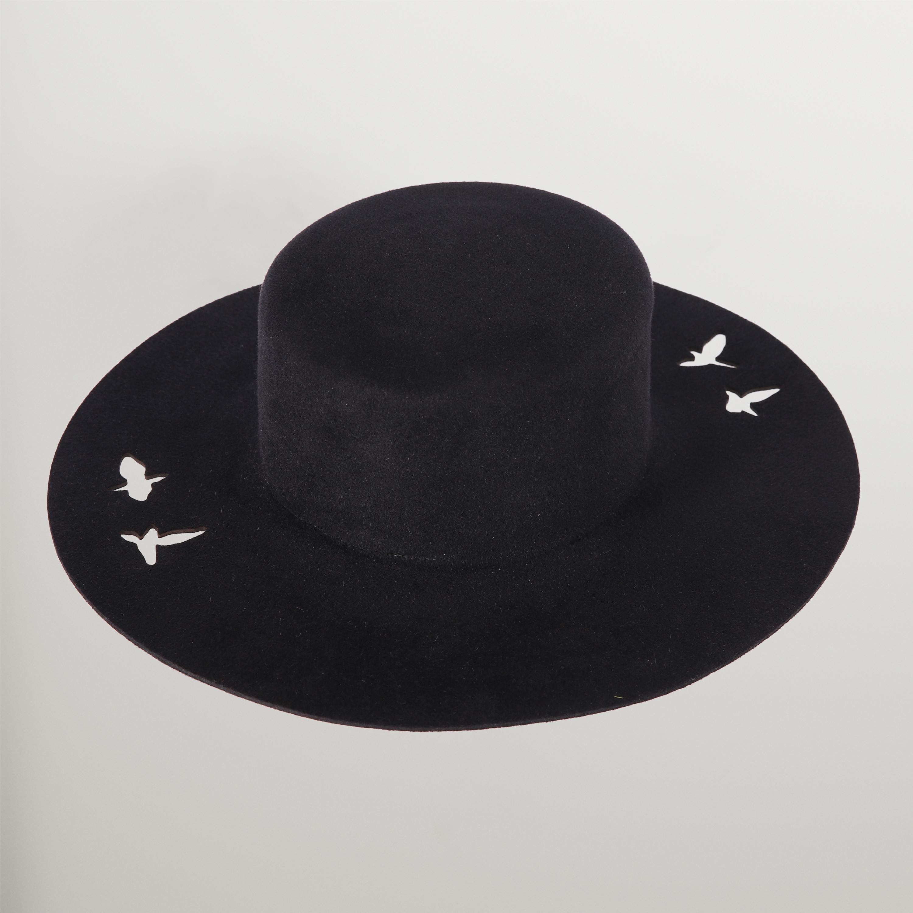 Black Felt Brim Hat with Flying Bird Shadow Minimalistic Contemporary Design For Sale 1