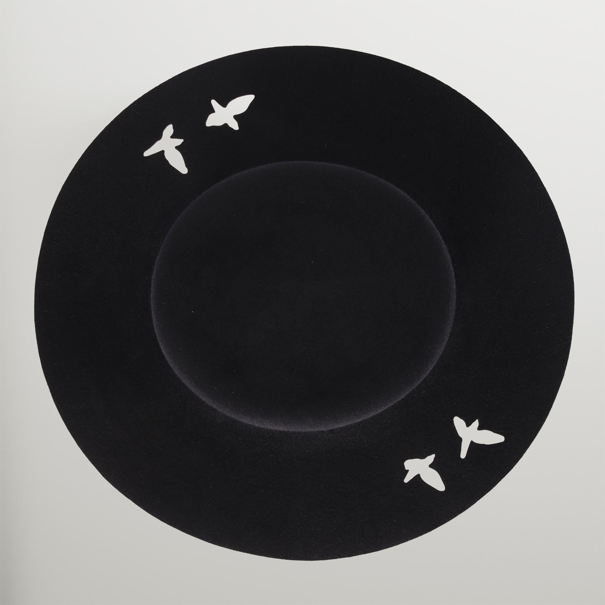 Black Felt Brim Hat with Flying Bird Shadow Minimalistic Contemporary Design For Sale 4