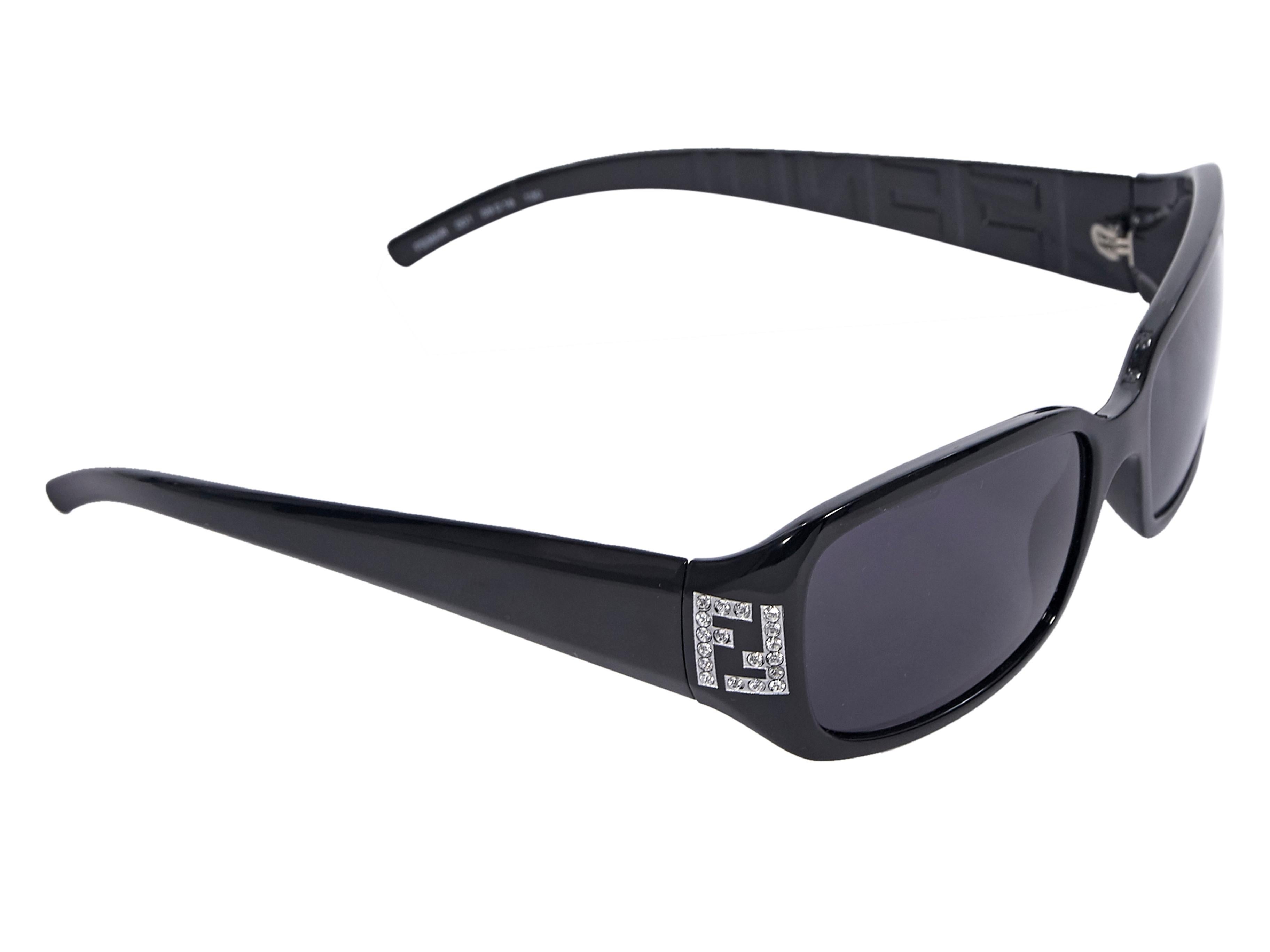 Product details:  Black rectangular sunglasses by Fendi.  Rhinestone embellished logo at temples.  Tapered stems.  2
