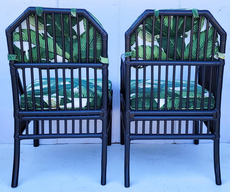 Black Ficks Reed Rattan Dining Chairs in Tropical Banana Leaf Fabric ...