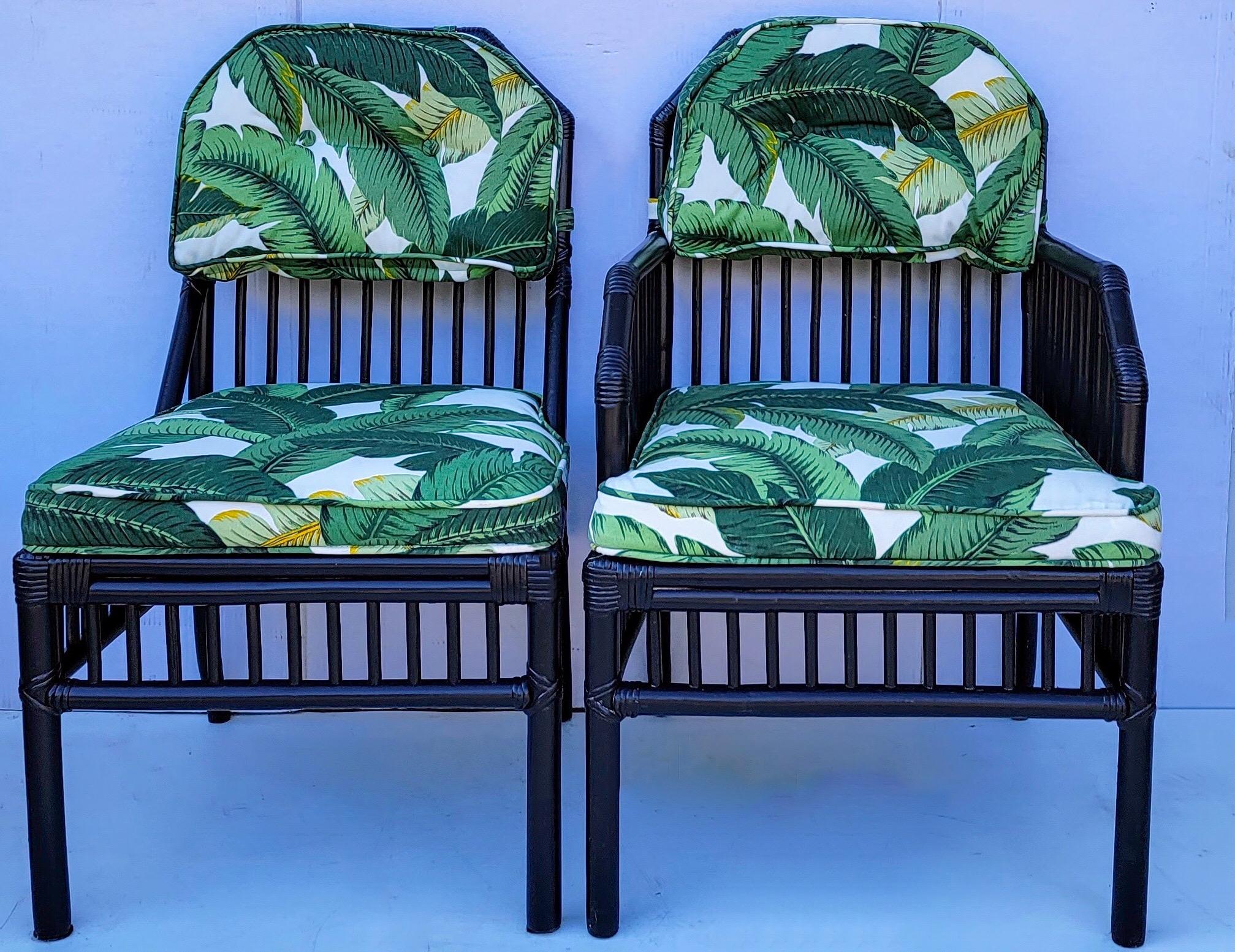 American Black Ficks Reed Rattan Dining Chairs in Tropical Banana Leaf Fabric, Set of 6