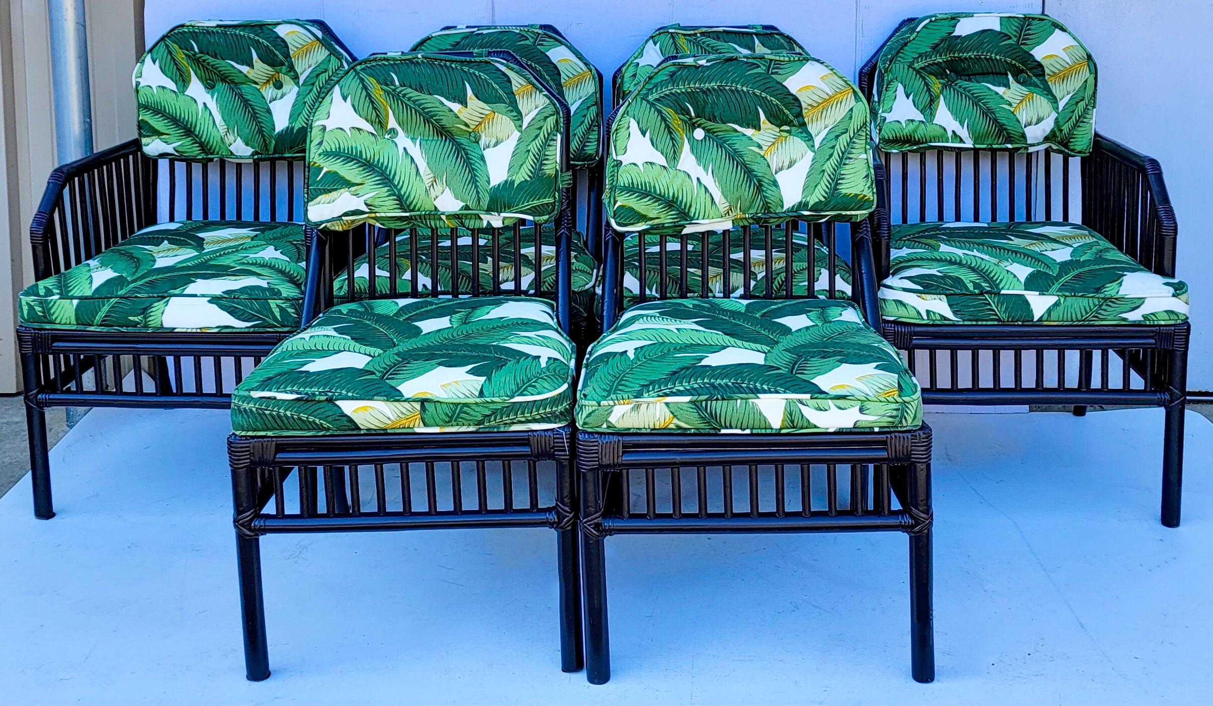 Black Ficks Reed Rattan Dining Chairs in Tropical Banana Leaf Fabric, Set of 6 In Good Condition In Kennesaw, GA