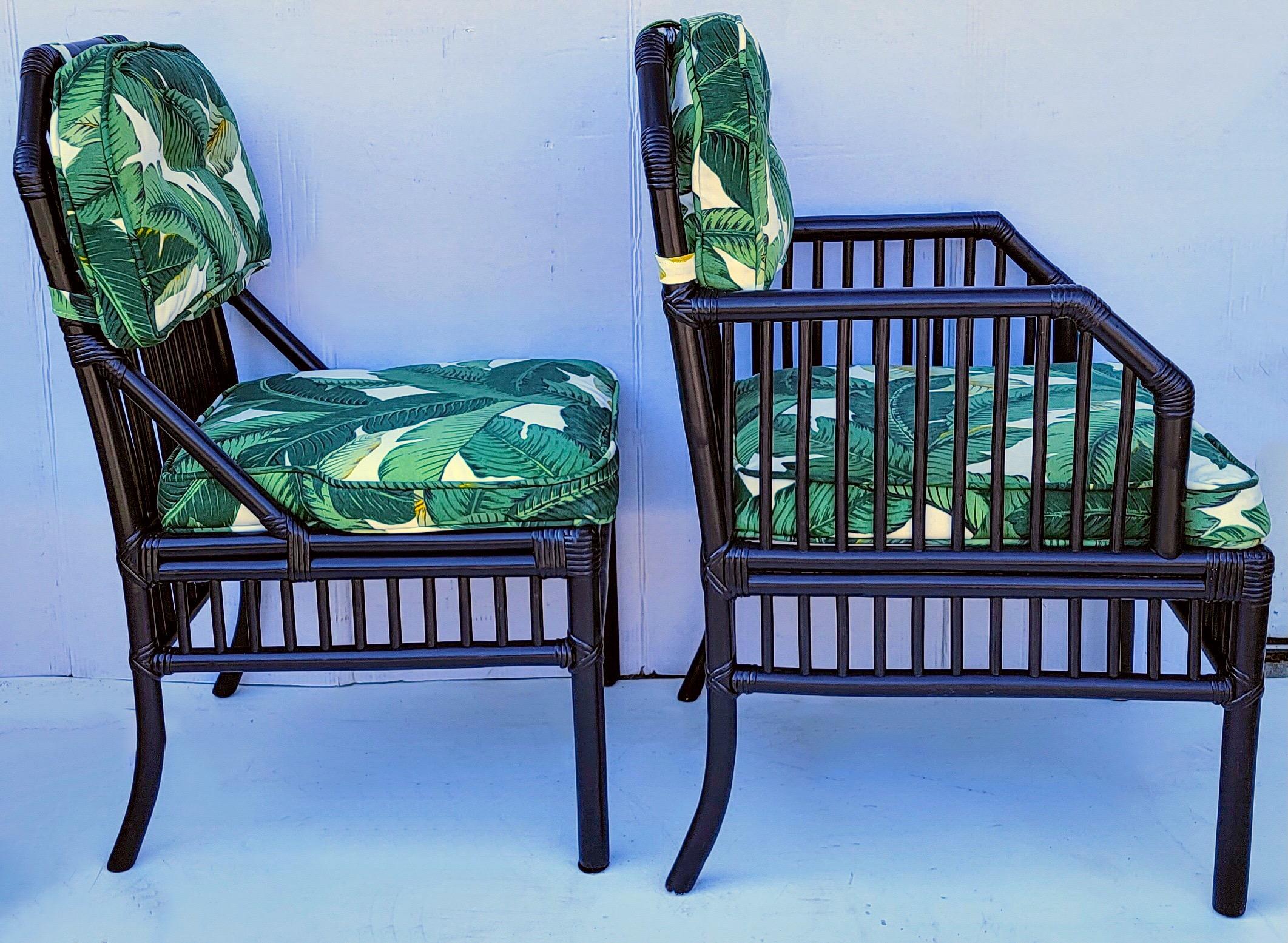 20th Century Black Ficks Reed Rattan Dining Chairs in Tropical Banana Leaf Fabric, Set of 6