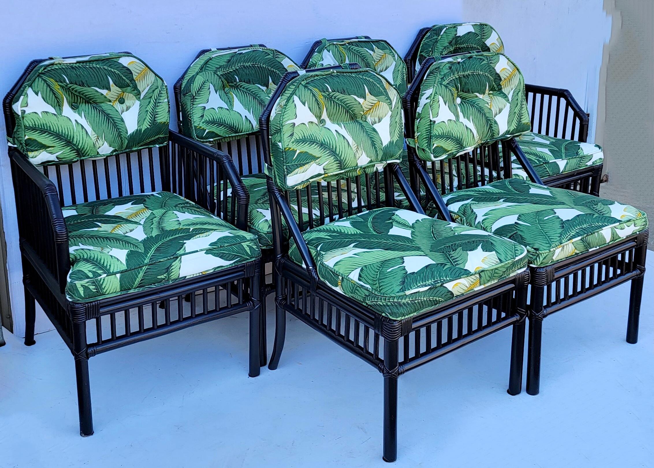 Upholstery Black Ficks Reed Rattan Dining Chairs in Tropical Banana Leaf Fabric, Set of 6