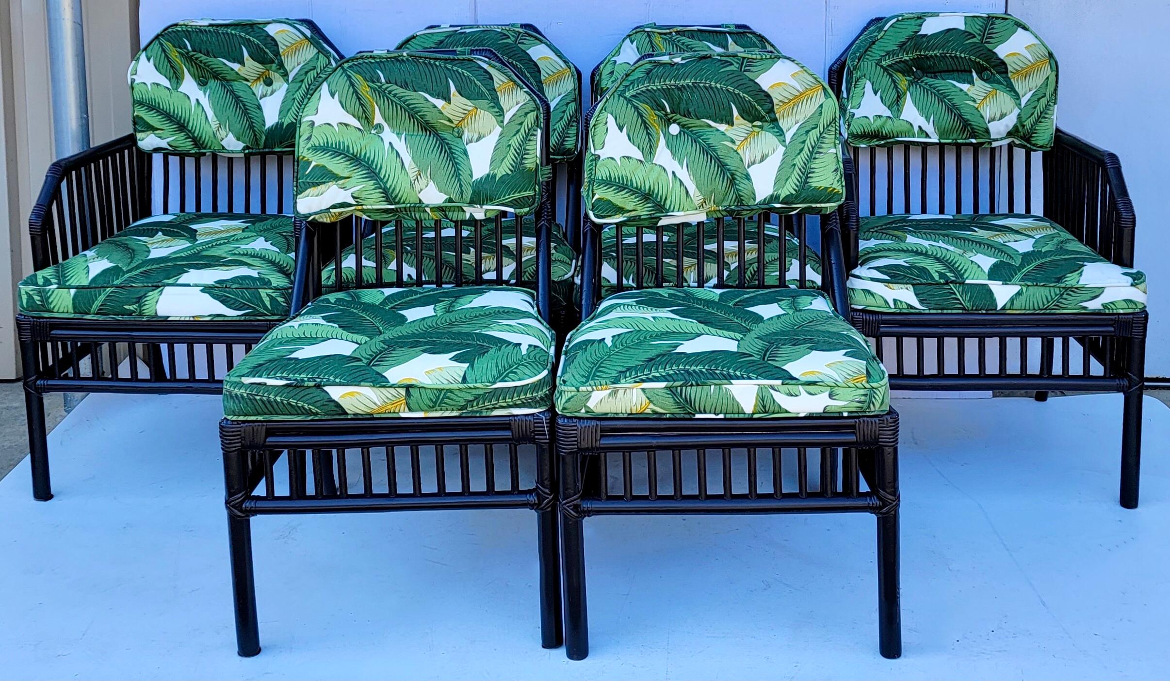 Black Ficks Reed Rattan Dining Chairs in Tropical Banana Leaf Fabric, Set of 6 1
