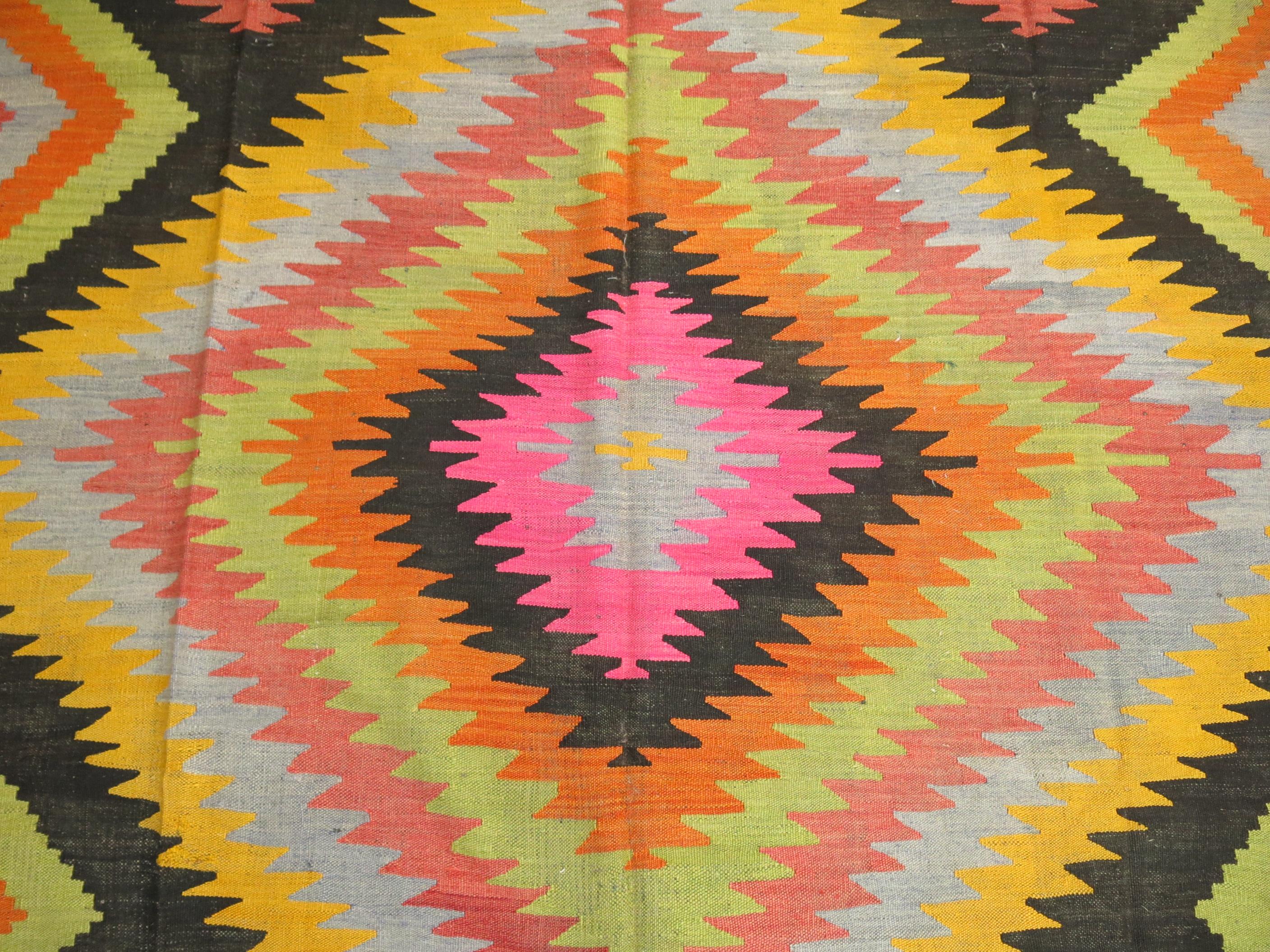Hand-Knotted Black Field Color Pop Turkish Kilim