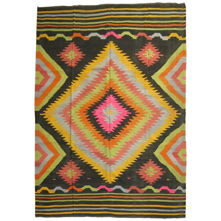 Black Field Color Pop Turkish Kilim For Sale