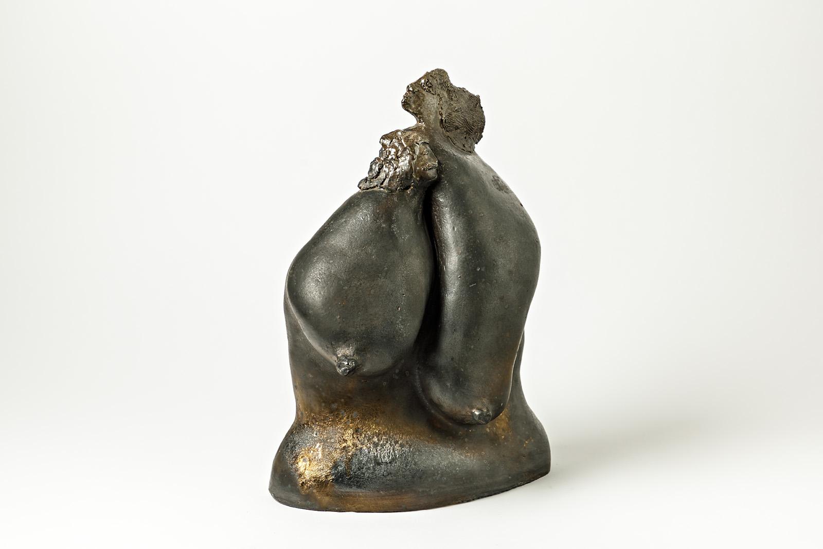 Mid-Century Modern Black Figurative Stoneware Ceramic Sculpture by Jeanne Grandpierre 