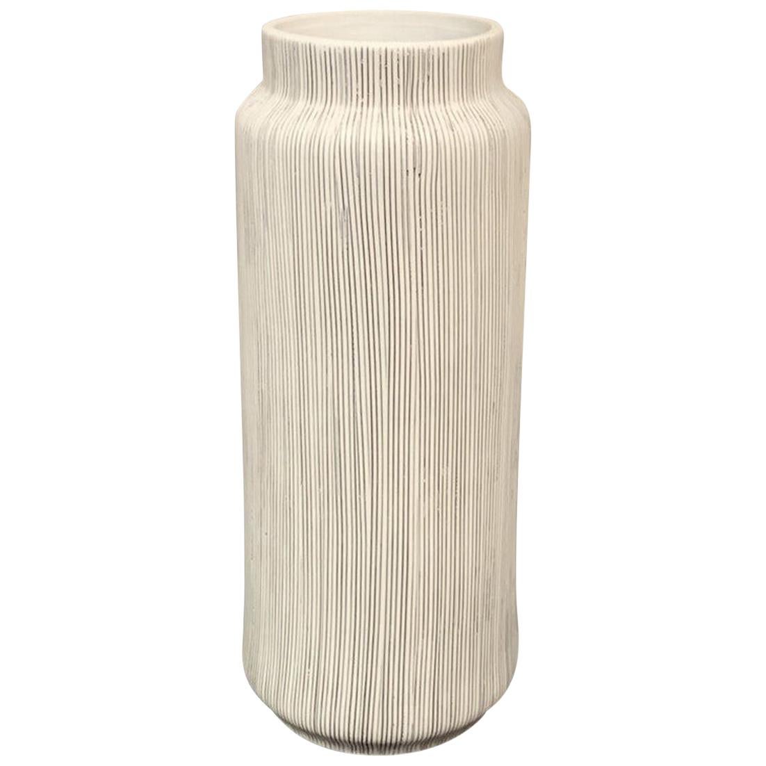 Black Fine Stripe On White Porcelain Cylinder Shape Vase, Contemporary