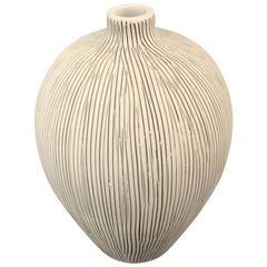 Black Fine Stripe on White Porcelain Small Vase, Thailand, Contemporary