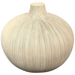 Black Fine Stripe On White Porcelain Vase, Thailand, Contemporary