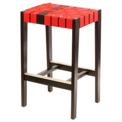 Black Finish Maple Bar Stool with Red & Black Woven Seat by Peter Danko